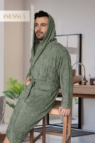 Mila Pamuklu Kapüşonlu Bornoz Kadın & Erkek Yumuşak Banyo Bornozu Haki