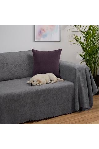 Jakarlı Şönil Koltuk Örtüsü Kanepe Örtüsü Koltuk Şalı 175x300 Kaymaz Gri Gri