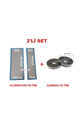 Esty 1390 Aspiratör Alüminyum Filtre Takımı 20,5x47,6 /13x47,6 Cm +karbon Filtre - 2'li Set
