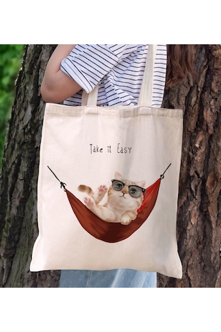 Bk Gift Kedi Tasarımlı Kanvas Bez Çanta, Baskılı Omuz Çantası, Alışveriş Çantası, Plaj Çantası, Arkadaşa Hediye-2 Sarı
