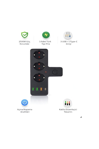 Ftro12 Kablosuz Termal Akım Korumalı 3'lü Priz 3'usb 1'type-c 20w