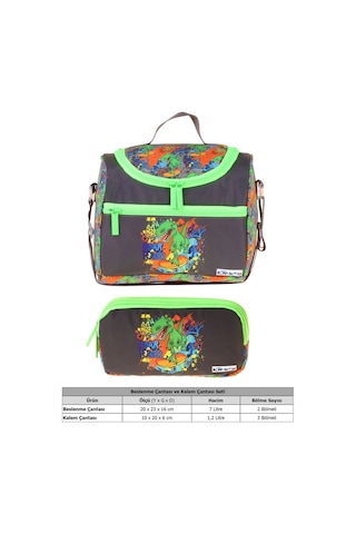 Kaukko Kids Erkek Çocuk Street Dinazor Baskılı Siyah - Yeşil Thermo Beslenme Çantası Ve Kalemlik Seti - Setkk-l5415