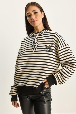 Shade Kadın Fular Detaylı Leopar Nakışlı Çizgili Üç İplik Şardonlu Oversize Sweatshirt 6973 60283818 - Ekru-siyah Çok Renkli