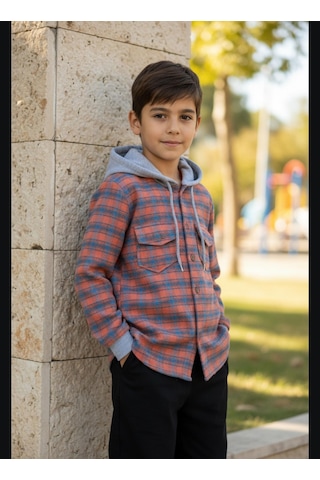 Gala Kolu Lastkli Kapüşonlu Çizgili Unisex Çocuk Gömlek Turuncu