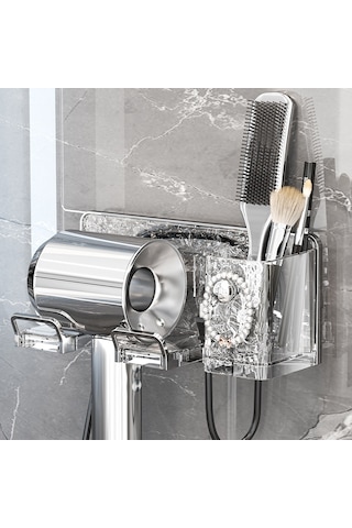 Youtek Banyo Fön Tutucu Duvar Takılı Plastik Organizatör, Kurutma Racklı, Deliksiz Montaj, Minimalist Tasarım - Süt Beyazı Gümüş Diğer