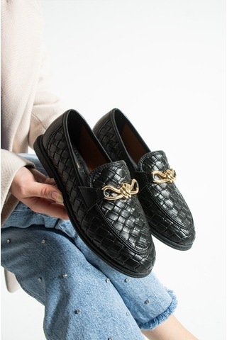Lebibe Shoes Maby Kadın Siyah Örgü Dokulu Zincir Detaylı Loafer Düz Ayakkabı Babet