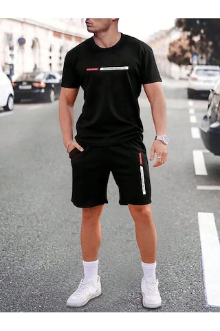 Unisex Oversize New York Baskılı Siyah Bisiklet Yaka T-shirt Şort Siyah