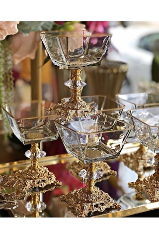 Atabey Home 6 Adet Metal Döküm Ayaklı Gold Detaylı Magnolia-kase-dondurmalık-şekerlik