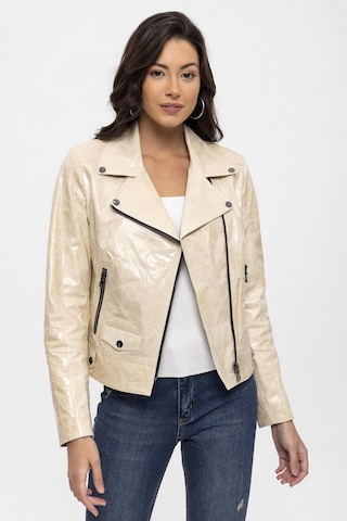 Bej Merlot Çıt Çıt Detaylı Yandan Fermuarlı Biker Motorcu Hakiki Deri Kadın Mont-bej Bej