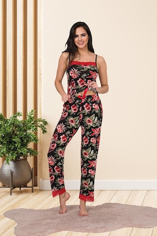 Myben Kadın Çiçek Desenli Pamuklu Likralı Siyah Askılı Dantel Detaylı Pijama Takımı 28454 Siyah