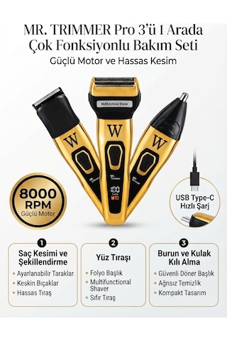 3ü1 Arada Şarjlı Kişisel Bakım Seti 8000 Rpm, Led Gösterge Saç, Sakal, Burun Ve Kulak Tıraş Makinesi