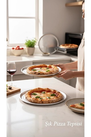 Paslanmaz Çelik Delikli Pizza Fırın Tepsisi Lahmacun Fırın Tepsisi 3'lü Set 28 32 36 Cm Gri