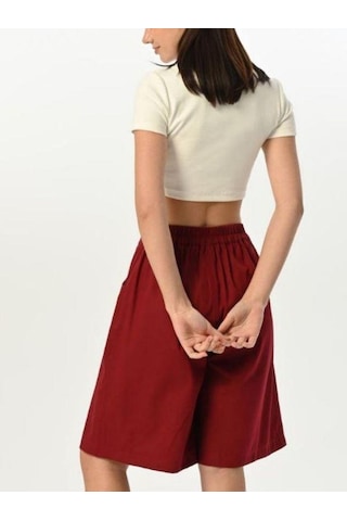 Zekids Kız Çocuk Fitilli Crop Kapri Şort T-shirt Tasarım Takım-15524 Bordo