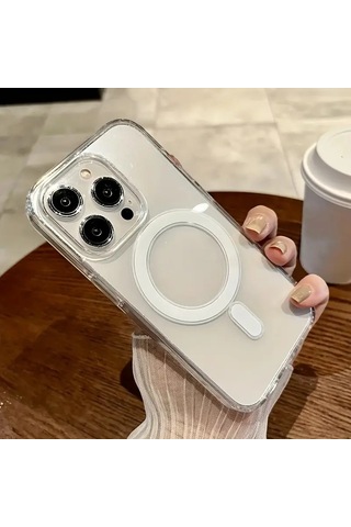 Apple Uyumlu iPhone 15 Pro Kılıf Magsafe Ve Şeffaf Lens Koruyuculu Gri