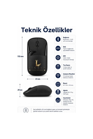 Şarjlı Kablosuz Siyah Mouse Bluetooth + 2.4g Çift Modlu Type-c Şarjlı Sessiz Tuşlu Ergonomik Optik 1200/1600 Dpı Taşınabilir Mouse Çok Renkli Diğer