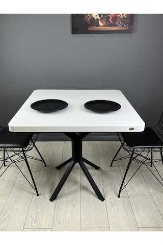 Roma Beyaz Mutfak Yemek Masası Balkon Masası Kavisli Köşe Metal Siyah Ayak 80 Cm