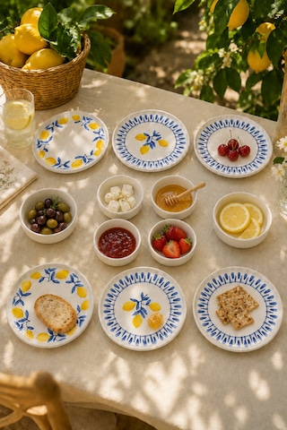 Mavi Limon 12 Parça 6 Kişilik Handmade Stackable Seramik Tabak Seti Premium Sunum & Kahvaltı Takımı Beyaz