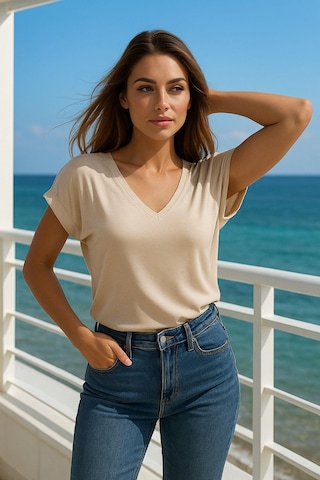 Kadın Bej Viskon V Yakalı T-shirt Kısa Kol Rahat Kesim Bluz Çok Renkli