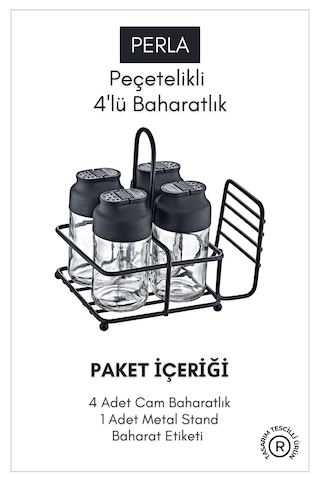 Perla Metal Standlı Peçetelikli 4'lü Çift Kapaklı Cam Baharatlık