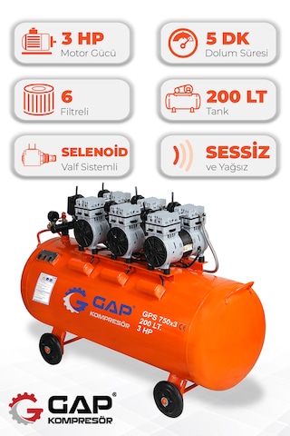 Gap Kompresör Gps 750x3/200 Hava Kompresörü Sessiz Ve Yağsız 200L
