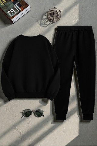 Uyguntarz Unisex The Weekend Tasarım Basklı Bisiklet Yaka Sweatshirt - 2'li Eşofman Takımı Siyah