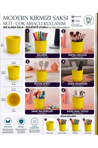 2 Li Seramik Saksı Kalemlik,fırçalık,masa Organizeri / Modern Dekoratif El Yapımı Tasarım Sarı