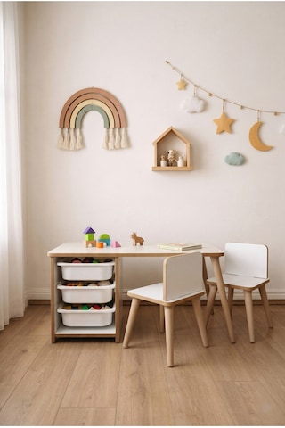 Çocuk Masa Sandalye Takımı 90x45 Cm 3 Sepetli Çocuk Çalışma Ve Aktivite Masası Yaz-sil,2 Sandalyeli Beyaz