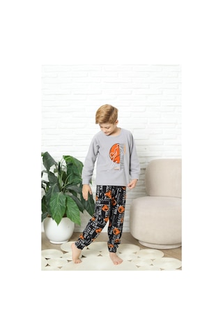 Yeni Stil Sonbahar/kış Erkek Çocuk Basketball Desenli Polar Pijama Takımı 4562 Gri
