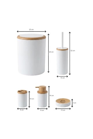 Makri Home Beyaz Bambu Desenli 5 Parça Banyo Seti Çöp Kovası, Wc Fırçalık, Sıvı Sabunluk, Diş Fırçalık,sabunluk