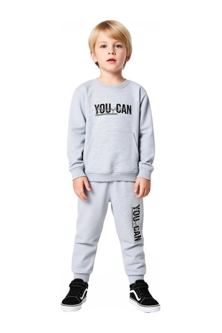 Ersefa Enerjik Sloganlı Erkek Çocuk Örme Eşofman Ve Sweatshirt Seti Kali Gri Melanj