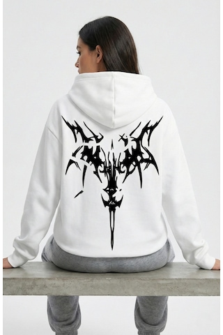 Nevermind Unisex Oversize Hoodie Grafik Sembol Baskılı Beyaz