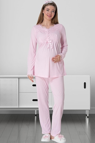 Mecit Pijama Mecit 5416 Pembe Uzun Sabahlıklı Lohusa Pjama Takımı