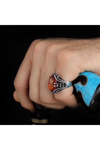 Tırnak Tasarım Baltık Kehribar Taşlı Gümüş Erkek Yüzük