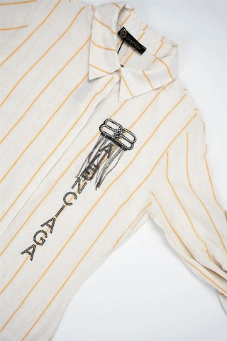 Kadın Krem Balenciaga Turuncu Çizgili Keten Elbise Turuncu