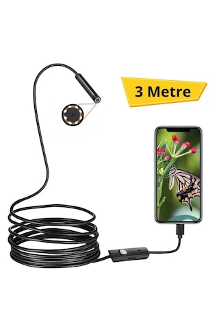 3 Metre Android Telefon Uyumlu 6 Led Işıklı Su Geçirmez Endoskop / Boroskop Yılan Kamera Hd 5332