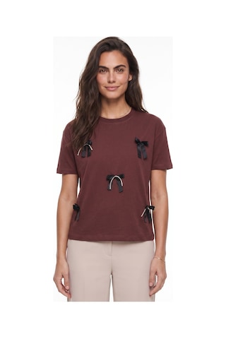 Onloox Kadın Kahve Kahve Pamuklu Bisiklet Yaka Saten Kurdela Aksesuarlı Taş Detaylı Kısa Kollu T-shirt