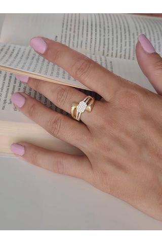 Üçlü Çapraz Zirkon Taşlı Model Ayarlanabilir Gold Altın Renkli Yüzük Gold