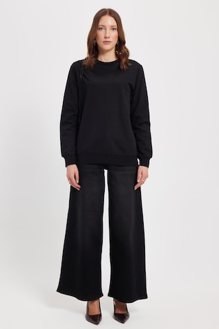 Tudors Kadın Oversize Geniş Kesim %100 Pamuk 2 İplik Bisiklet Yaka Siyah Sweatshirt -42615 Sİyah