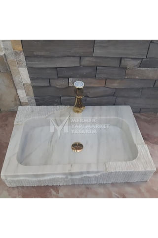 Afyon Beyaz Mermer Özel Dizayn Lavabo - Batarya Çıkışlı