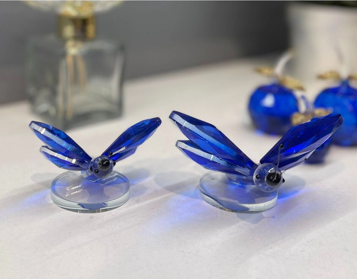 Dekoratif Kristal Cam Ikili Kelebek Biblo Mavi .
