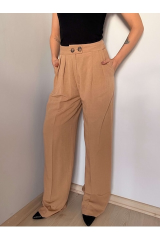 Camel Çift Pileli Keten Pantolon Camel