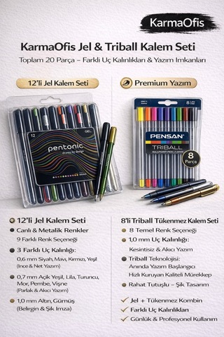 Jel & Triball Kalem Seti 12 Li Jel Kalem + 8 Li Triball Tükenmez, Premium Yazım Diğer