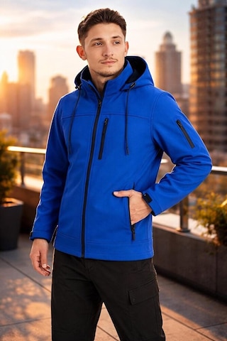 Vatan Tekstil Erkek Slim Fit Softshell Kapüşonlu Erkek Mont Su İtici Rüzgar Geçirmez Mavi
