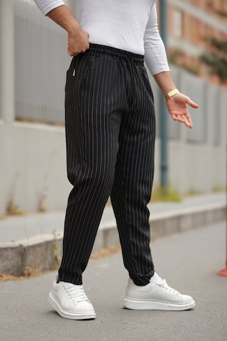 Erkek Beli Bağcıklı Çizgili Pantolon Siyah