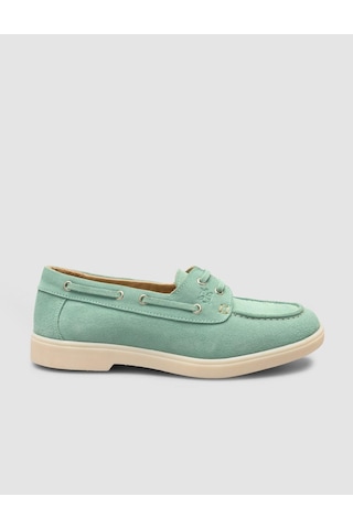Monamae %100 Hakiki Deri Yeşil İp Detaylı Süet Kadın Loafer YESIL