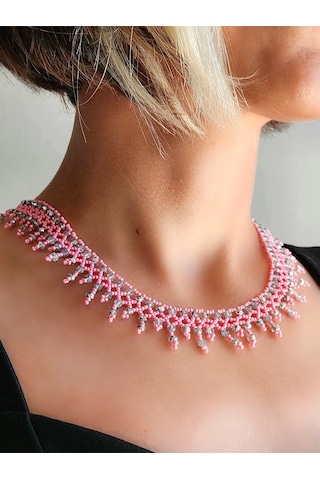 Etnik Bohem Pembe Gümüş Salkım Model Kum Kristal Boncuk Kolye El Yapımı Pembe