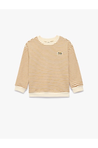 Koton Pamuklu Uzun Kollu Bisiklet Yaka Çizgili Oversize Sweatshirt Ekru Çizgili 7wmb10091tk