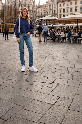 Luxıc Core Kadın Crop Bisiklet Yaka Sweatshirt Pamuklu Yumuşak Dokulu Günlük Spor Sweatshirt Mavi