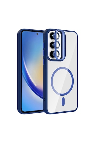 Zore Galaxy Uyumlu A35 Kılıf Standlı Ve Kamera Lens Hediyeli M-safe Şarj Özellikli Ogaa Etro Kapak - Lacivert