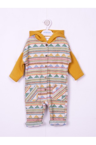 Aydodo Hardal Etnik Desen Kapşonlu Bebe Tulum Hardal